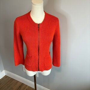 Loft Women's Cropped 3/4 Sleeve Cotton Knit Orange Zippered Cardigan, SZ M
